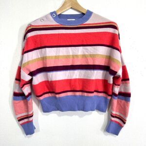Lewit Cashmere Cropped Sweater Pink/ Purple Striped Supersoft Offshoulder Button